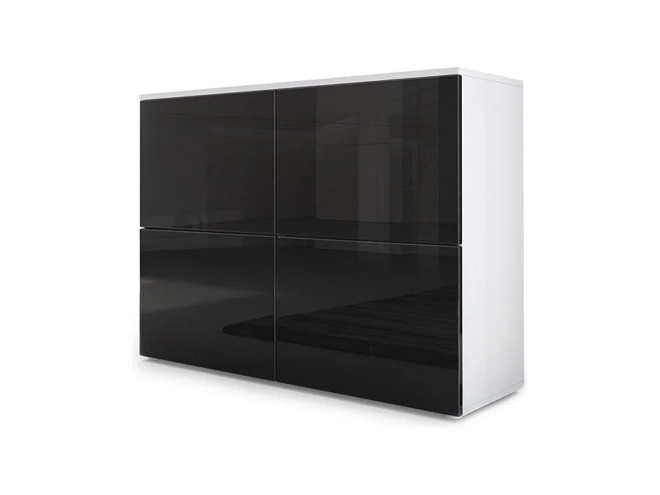 Buffet Rova, Commode avec 4 portes, Blanc mat/Noir haute brillance (92 x 72 x 35 cm)