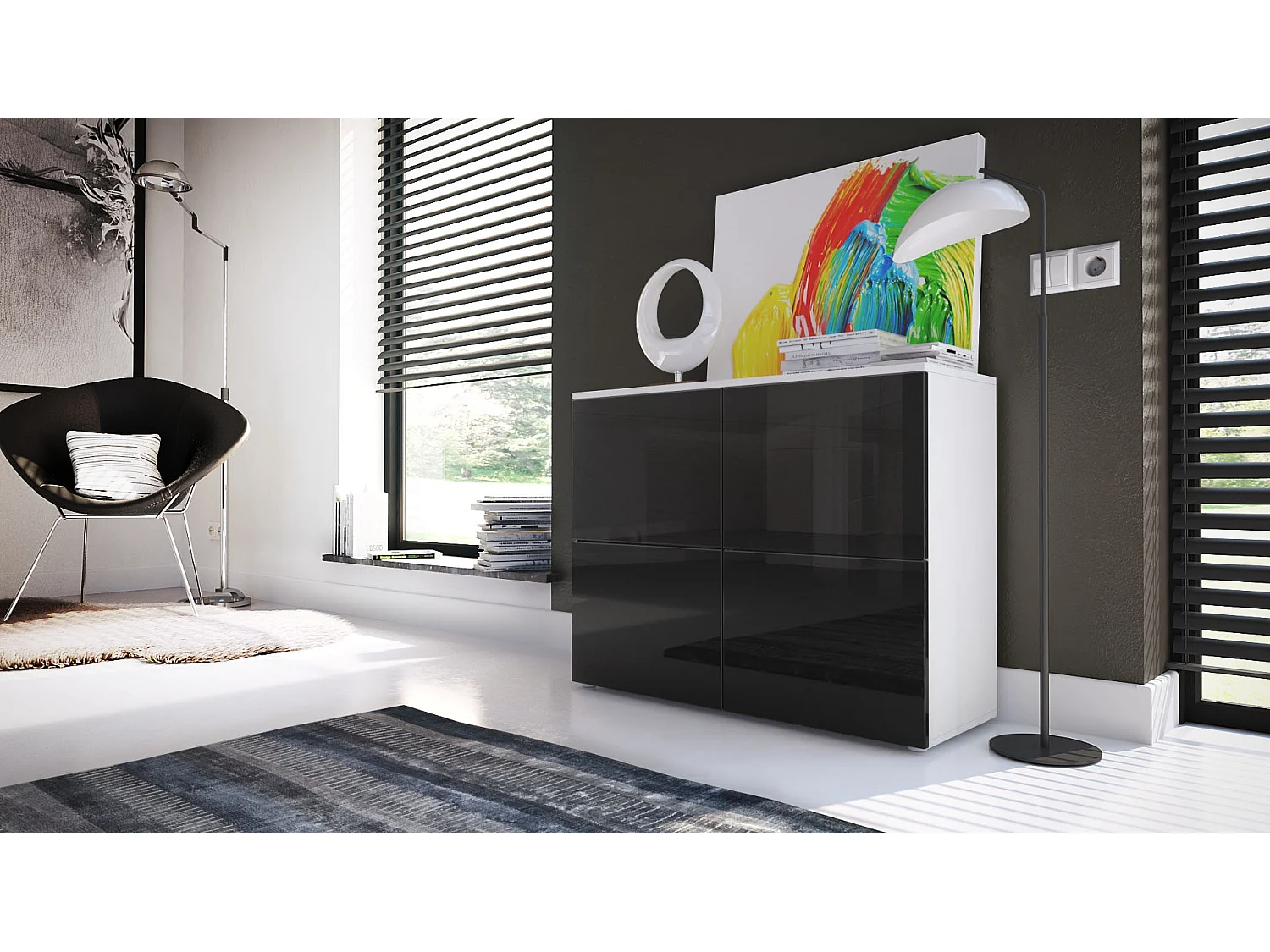 Madia  Rova, mobile a 4 ante, bianco opaco/nero lucido/nero lucido (92 x 72 x 35 cm)