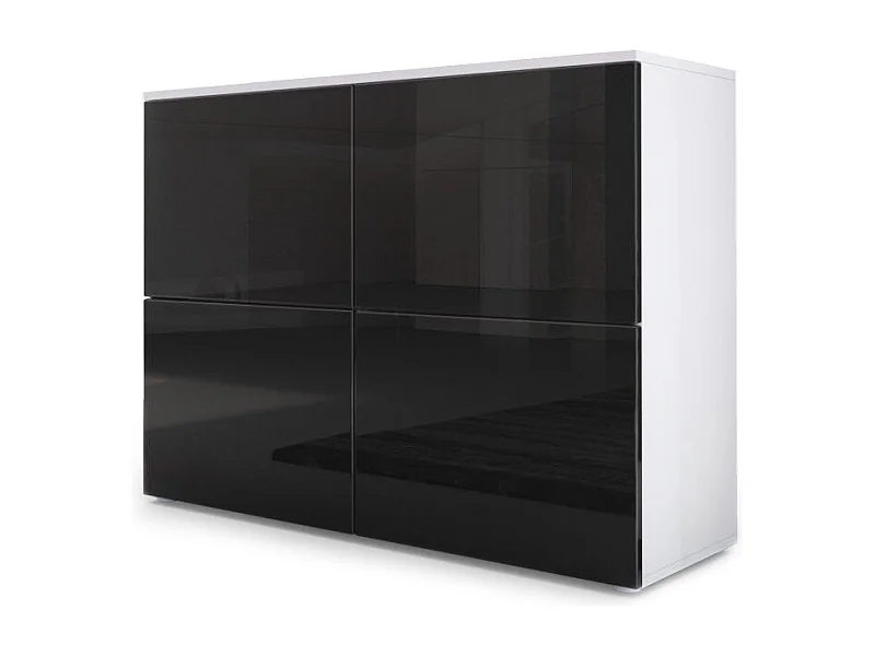 Buffet Rova, Commode avec 4 portes, Blanc mat/Noir haute brillance (92 x 72 x 35 cm)