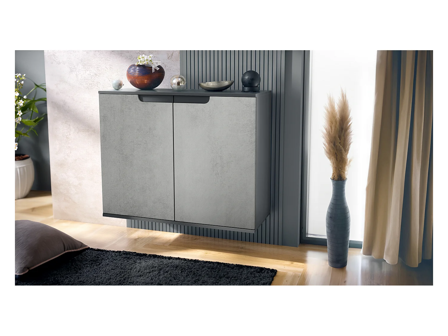 Commode Sylt V3, Buffet de Cuisine Moderne avec 2 Grandes Portes anthracite mat / aspect béton oxyde (92,5 x 73.5 x 35)
