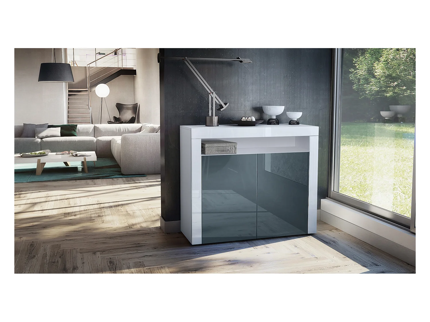 KOMMODE Valencia Grau Hochglanz / Weiß Hochglanz