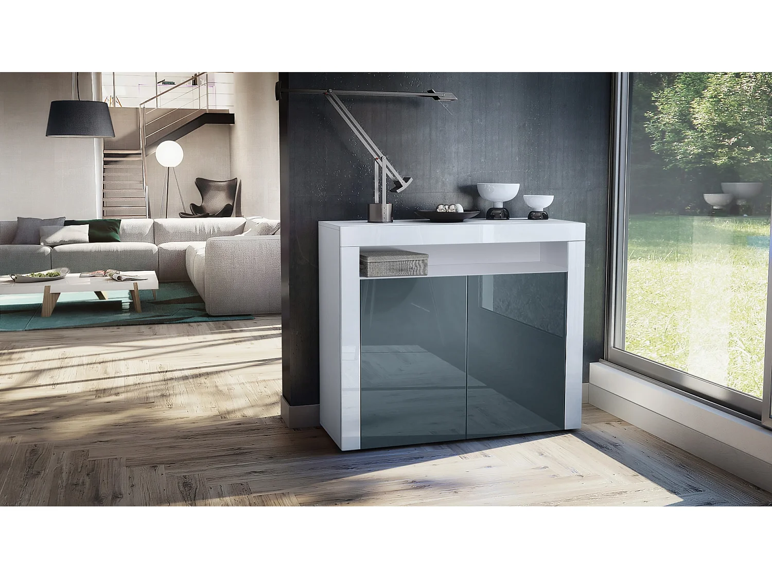 KOMMODE Valencia Grau Hochglanz / Weiß Hochglanz