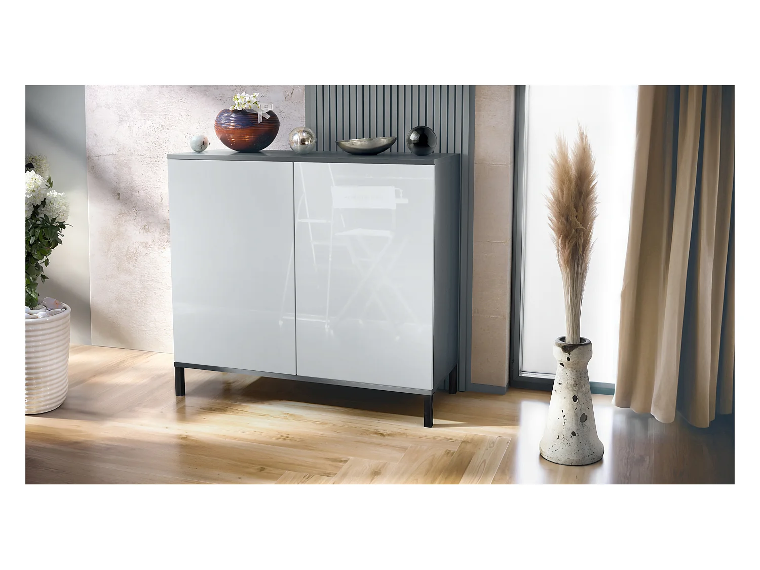 Commode Skadu V3, Buffet de Cuisine Moderne avec 2 Grandes Portes anthracite mat / blanc haute brillance (92,5 x 83.5 x 35)