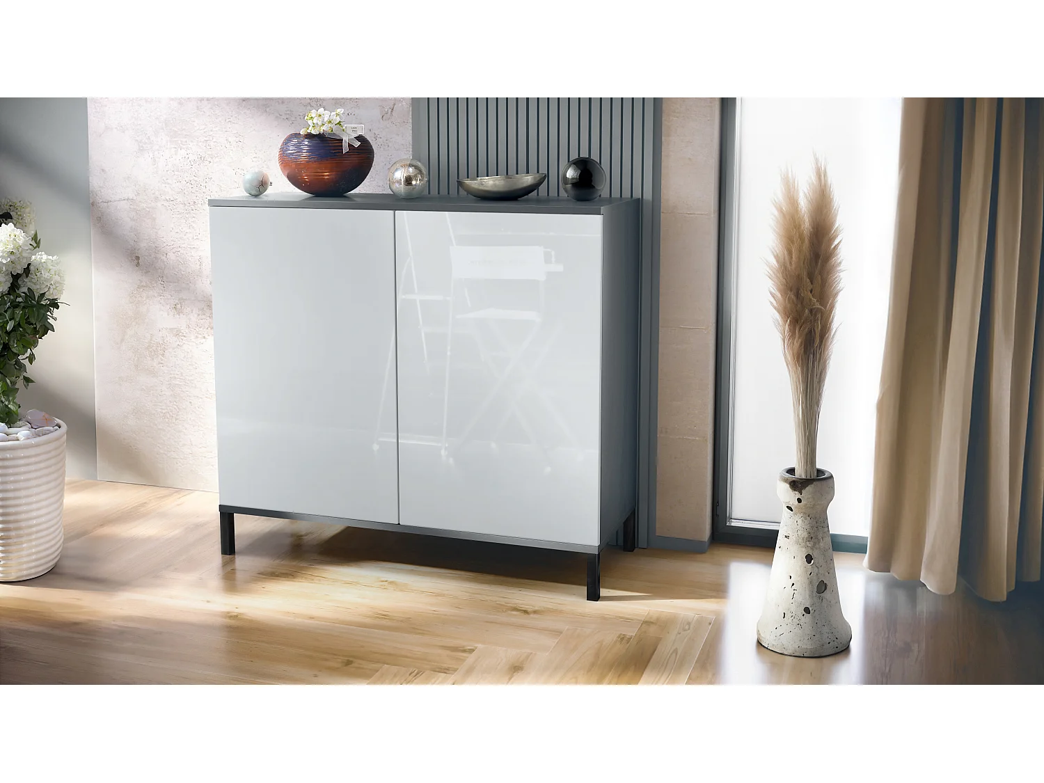 Commode Skadu V3, Buffet de Cuisine Moderne avec 2 Grandes Portes anthracite mat / blanc haute brillance (92,5 x 83.5 x 35)