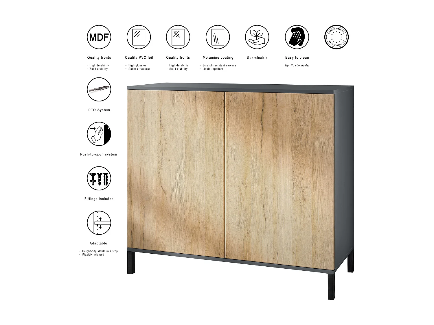 Commode Skadu V3, Buffet de Cuisine Moderne avec 2 Grandes Portes anthracite mat / blanc haute brillance (92,5 x 83.5 x 35)