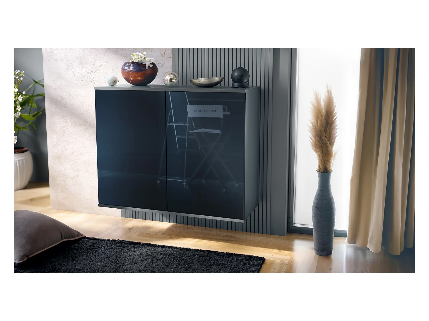 Commode Skadu V3, Buffet de Cuisine Moderne avec 2 Grandes Portes anthracite mat / noir haute brillance (92,5 x 73.5 x 35)