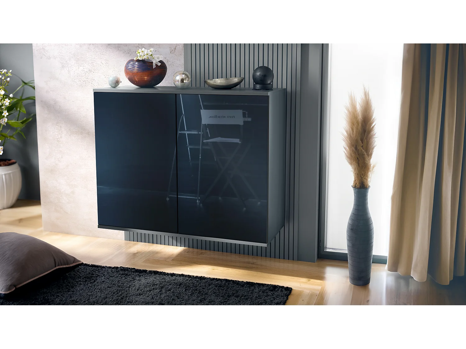 Aparador Skadu V3, Armario de Cocina Moderno con 2 Puertas Grandes antracita mate / negro de alto brillo (92,5 x 73.5 x 35)