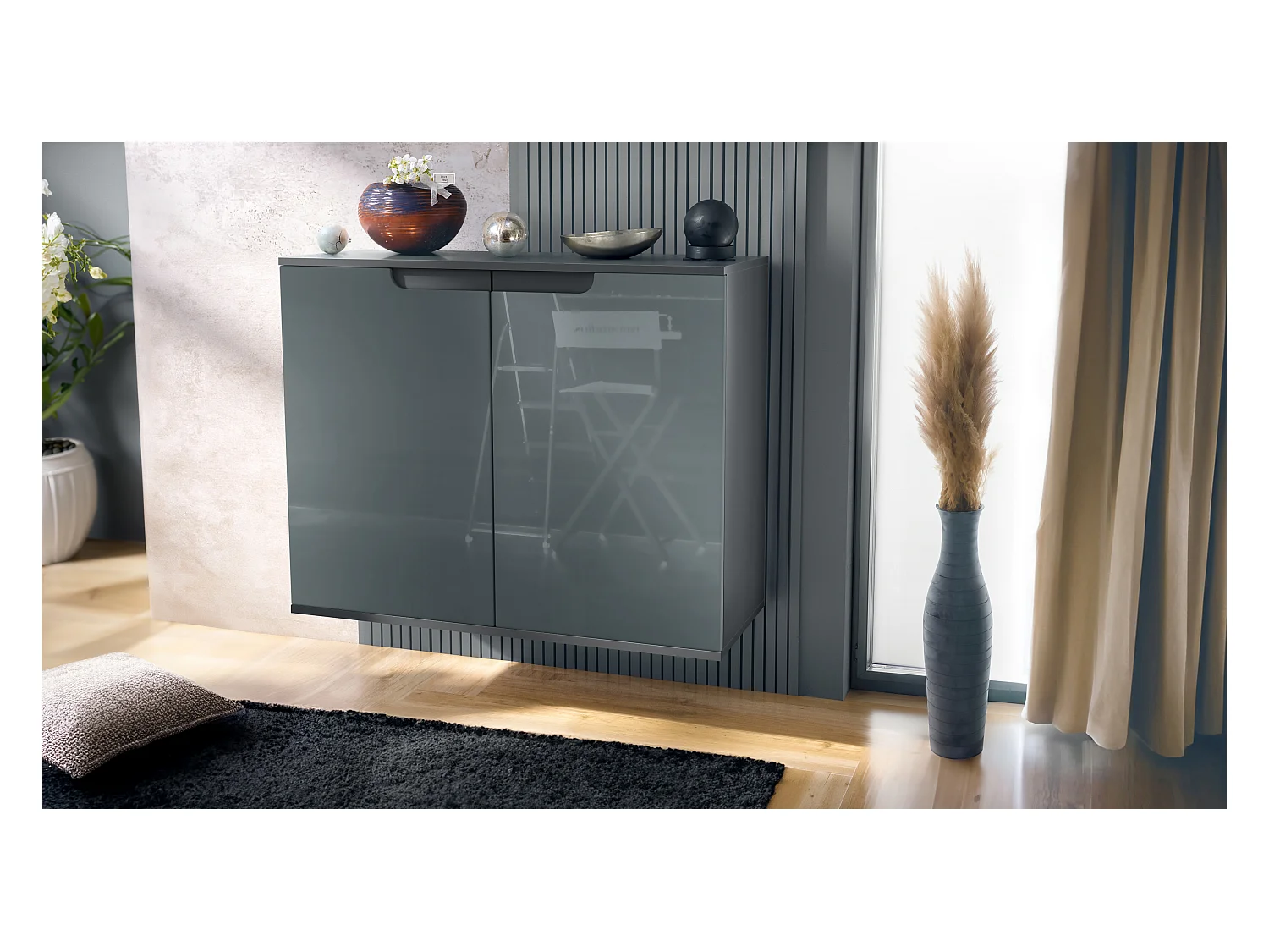 Commode Sylt V3, Buffet de Cuisine Moderne avec 2 Grandes Portes anthracite mat / gris haute brillance (92,5 x 73.5 x 35)