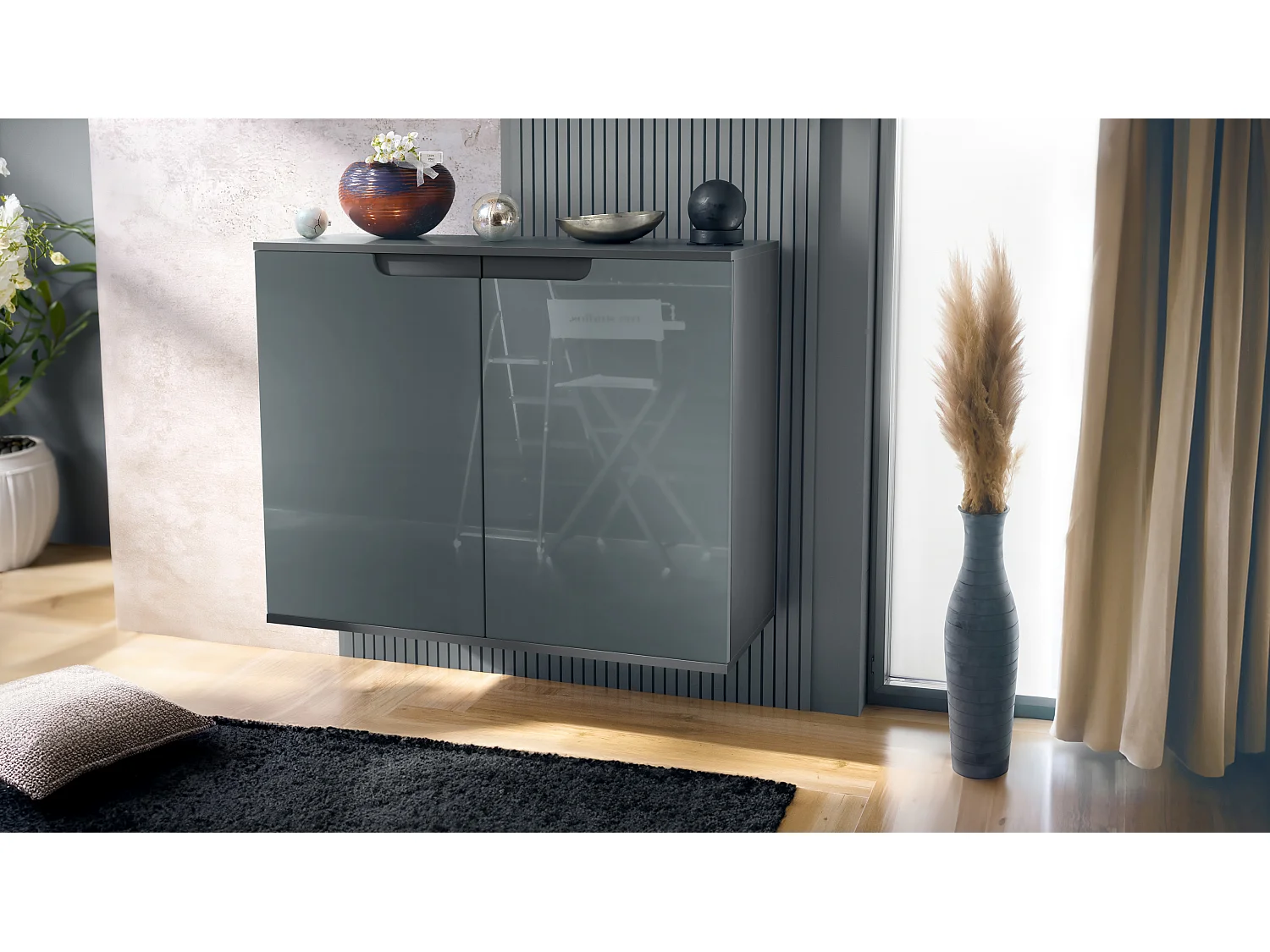 Aparador Sylt V3, Armario de Cocina Moderno con 2 Puertas Grandes antracita mate / gris de alto brillo (92,5 x 73.5 x 35)