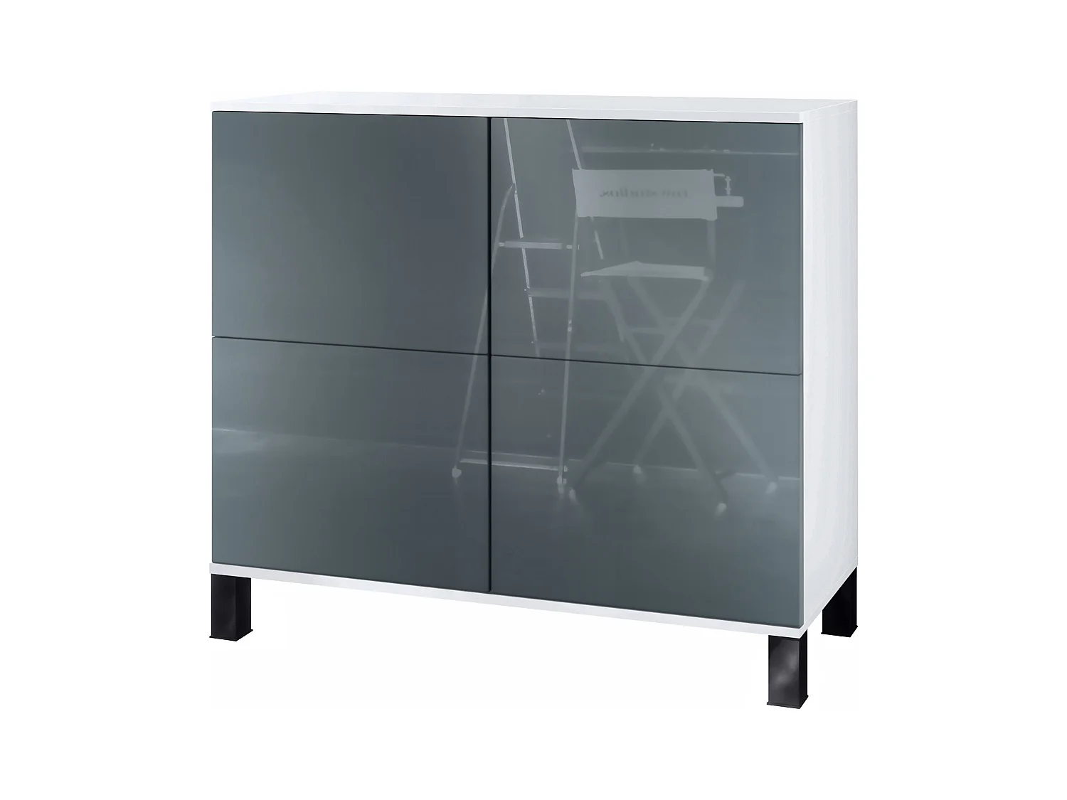 Buffet Rova V3 – Meuble de cuisine moderne avec 4 portes Push-to-Open blanc mat / gris haute brillance (92,5 x 84.5 x 35)