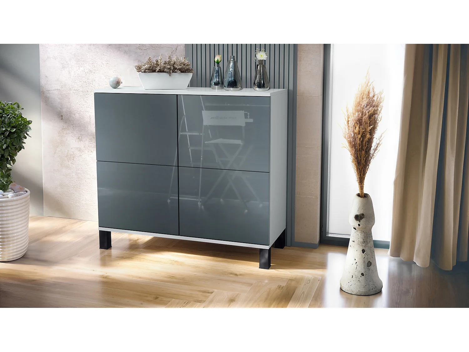 Buffet Rova V3 – Meuble de cuisine moderne avec 4 portes Push-to-Open blanc mat / gris haute brillance (92,5 x 84.5 x 35)