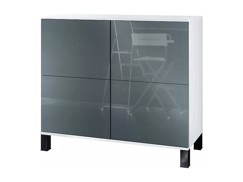 Credenza Rova V3 – Mobile da cucina moderno con 4 ante Push-to-Open bianco opaco / grigio lucido (92,5 x 84.5 x 35)
