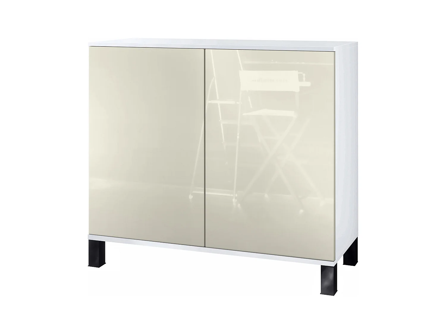 Commode Skadu V3, Buffet de Cuisine Moderne avec 2 Grandes Portes blanc mat / crème haute brillance (92,5 x 84.5 x 35)