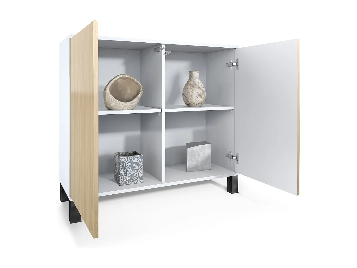 Credenza Skadu V3, Mobile da Cucina Moderno con 2 Grandi Ante bianco opaco / beige lucido (92,5 x 84.5 x 35)