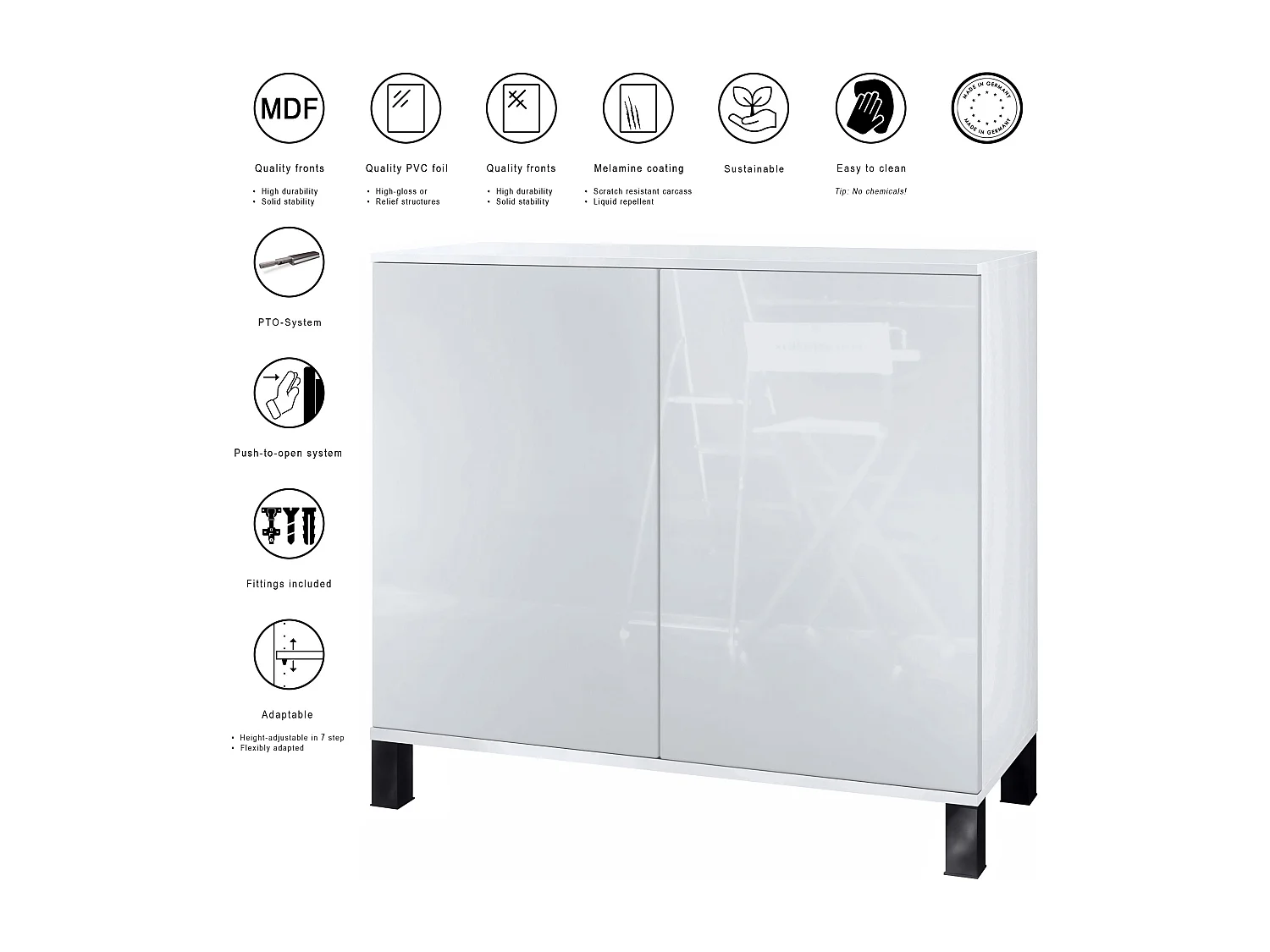 Credenza Skadu V3, Mobile da Cucina Moderno con 2 Grandi Ante bianco opaco / beige lucido (92,5 x 84.5 x 35)