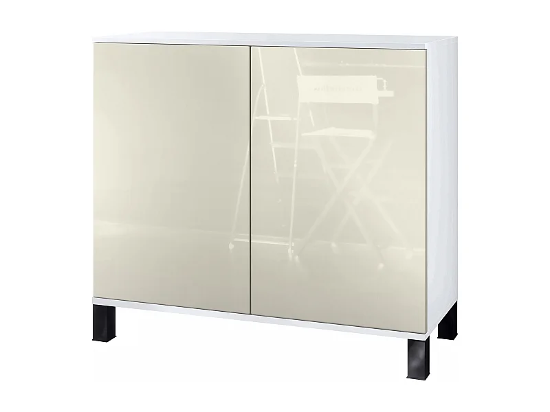 Commode Skadu V3, Buffet de Cuisine Moderne avec 2 Grandes Portes blanc mat / crème haute brillance (92,5 x 84.5 x 35)