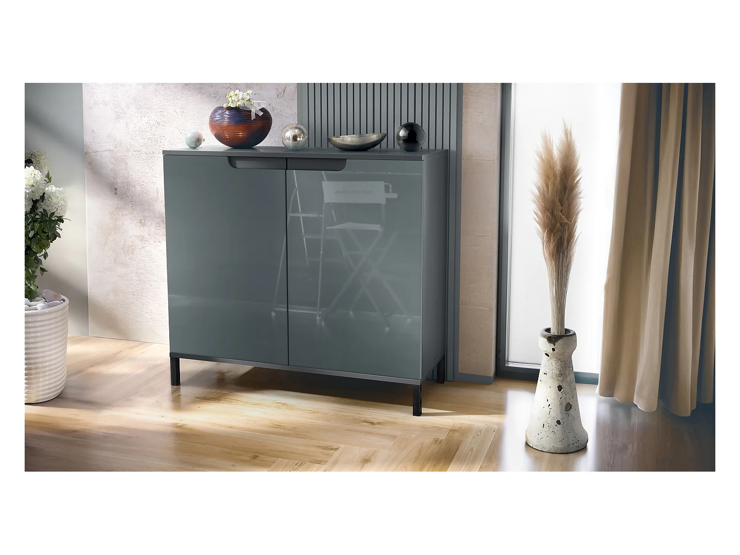 Commode Sylt V3, Buffet de Cuisine Moderne avec 2 Grandes Portes anthracite mat / gris haute brillance (92,5 x 83.5 x 35)