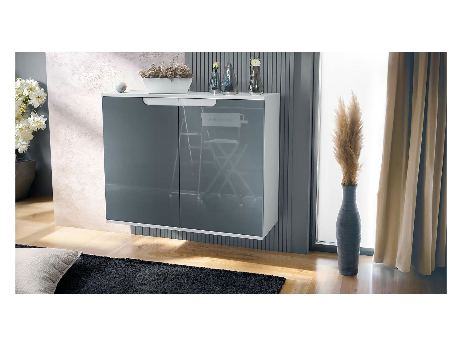 Commode Sylt V3, Buffet de Cuisine Moderne avec 2 Grandes Portes blanc mat / gris haute brillance (92,5 x 73.5 x 35)