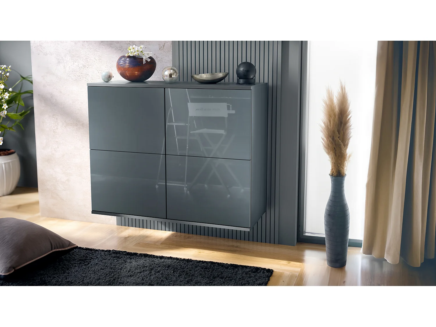 Credenza Rova V3 – Mobile da cucina moderno con 4 ante Push-to-Open antracite opaco  / grigio lucido (92,5 x 73.5 x 35)