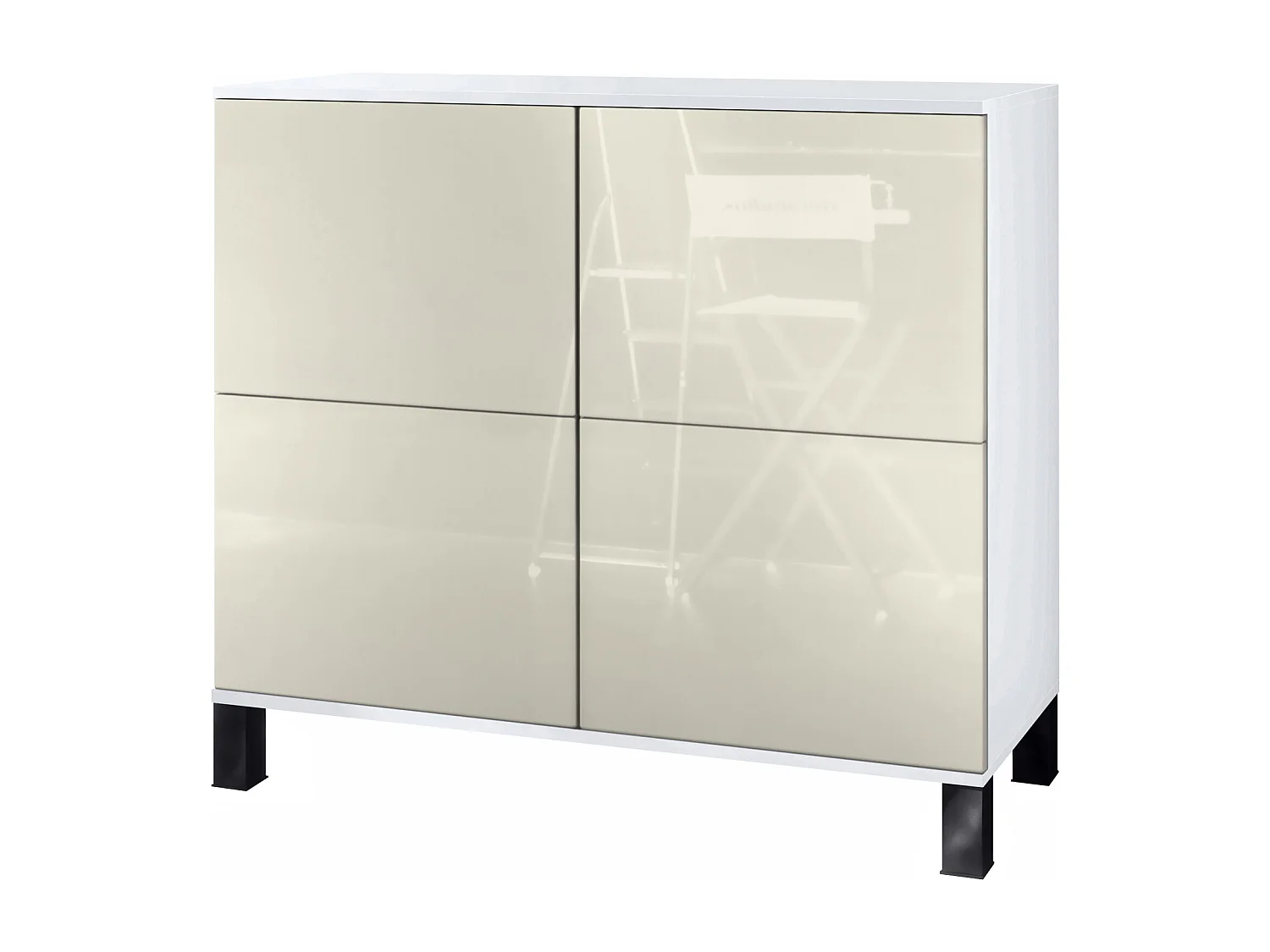 Buffet Rova V3 – Meuble de cuisine moderne avec 4 portes Push-to-Open blanc mat / crème haute brillance (92,5 x 84.5 x 35)