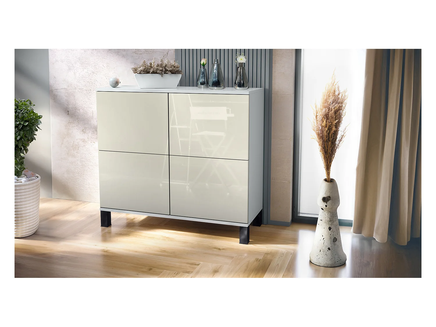 Buffet Rova V3 – Meuble de cuisine moderne avec 4 portes Push-to-Open blanc mat / crème haute brillance (92,5 x 84.5 x 35)