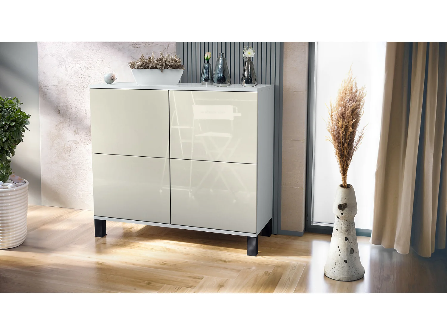 Credenza Rova V3 – Mobile da cucina moderno con 4 ante Push-to-Open bianco opaco / beige lucido (92,5 x 84.5 x 35)