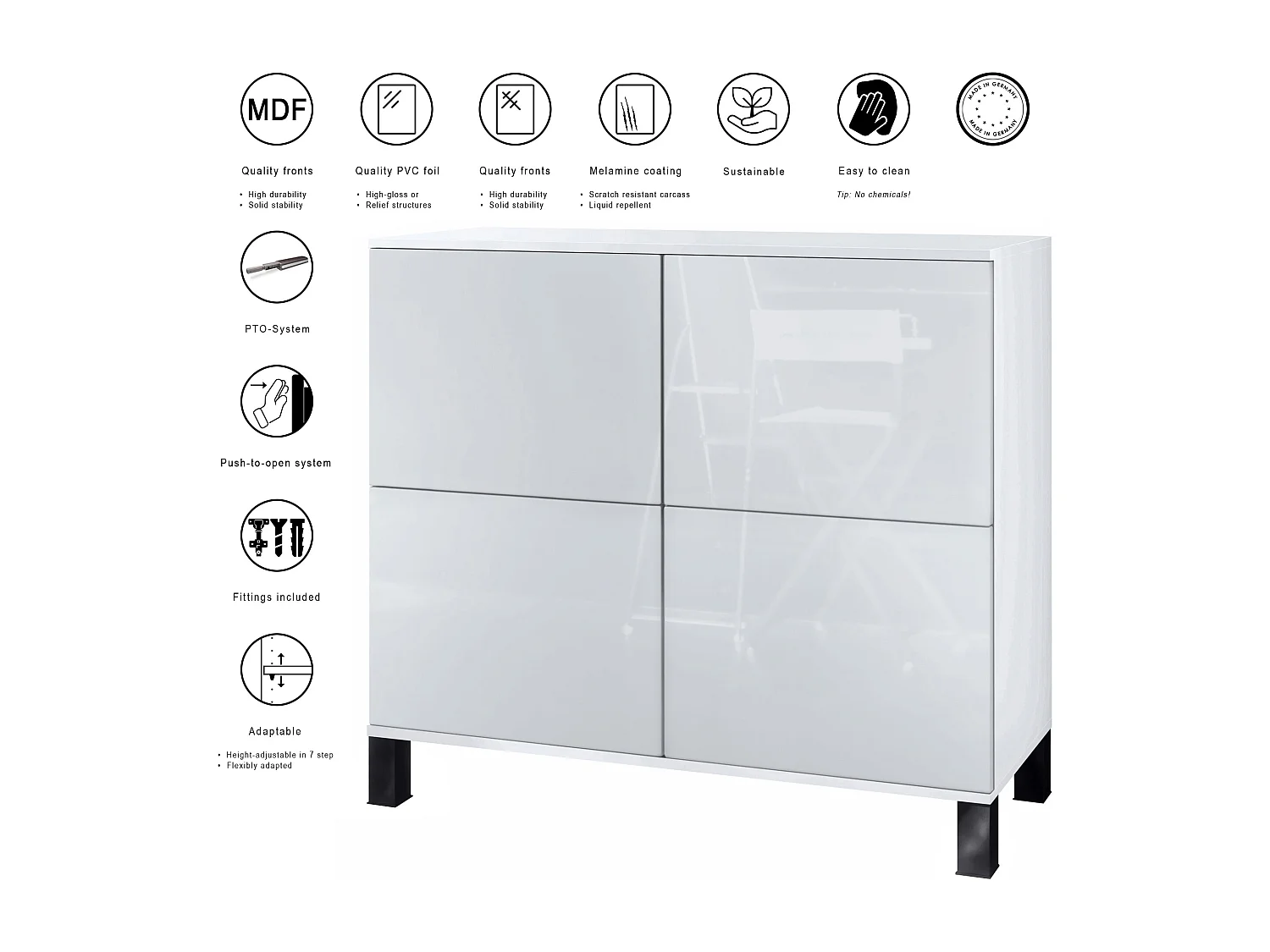 Credenza Rova V3 – Mobile da cucina moderno con 4 ante Push-to-Open bianco opaco / beige lucido (92,5 x 84.5 x 35)