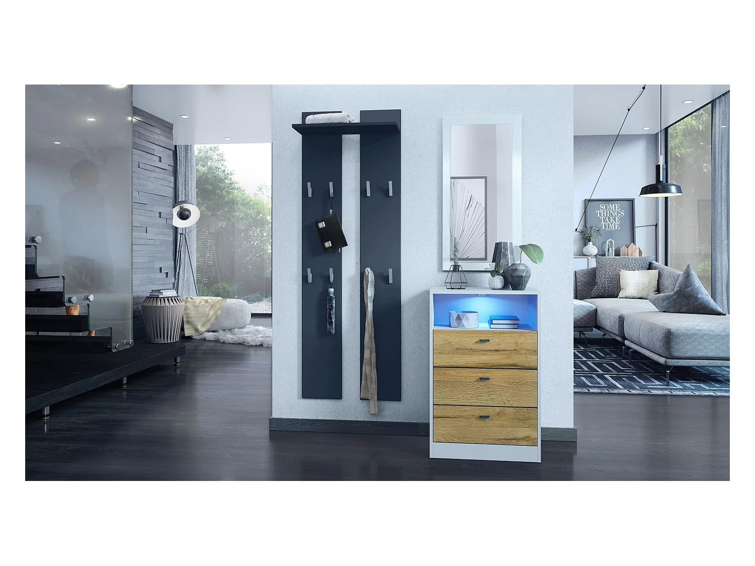 Ensemble de vestiaires Pino V2, 2 Panneaux muraux 140 cm et buffet avec 2 tiroirs & 1 compartiment ouvert, blanc mat/chêne nature (56 x 67,5 x 36 cm)