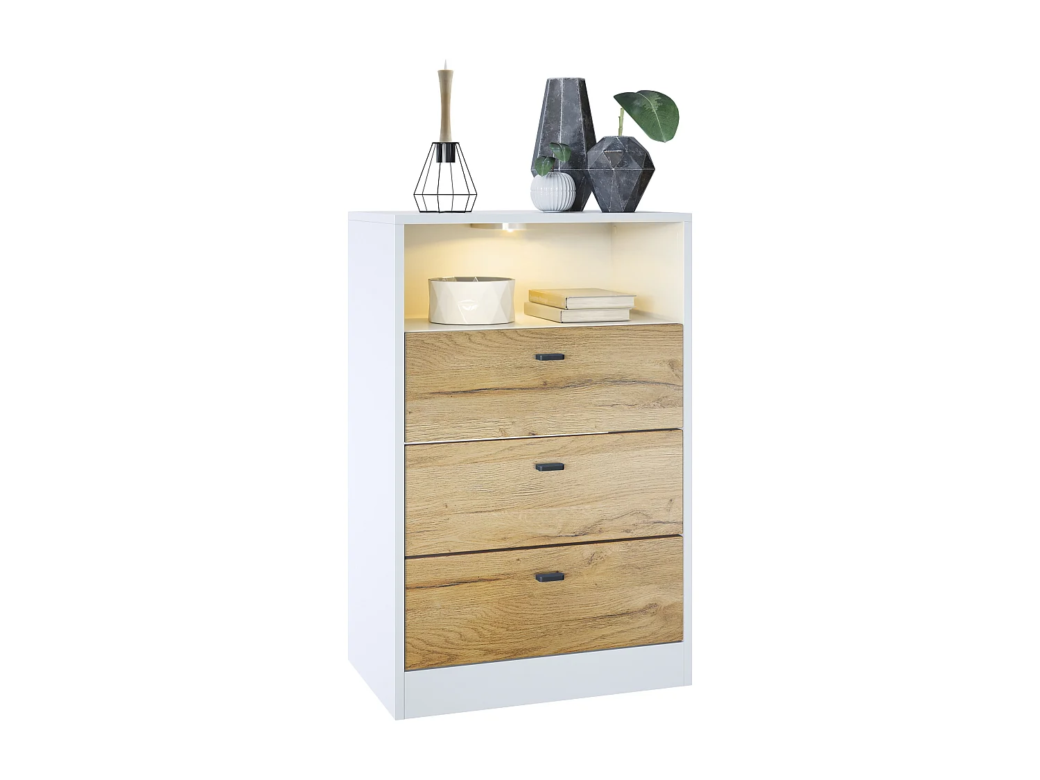 Ensemble de vestiaires Pino V2, 2 Panneaux muraux 140 cm et buffet avec 2 tiroirs & 1 compartiment ouvert, blanc mat/chêne nature (56 x 67,5 x 36 cm)