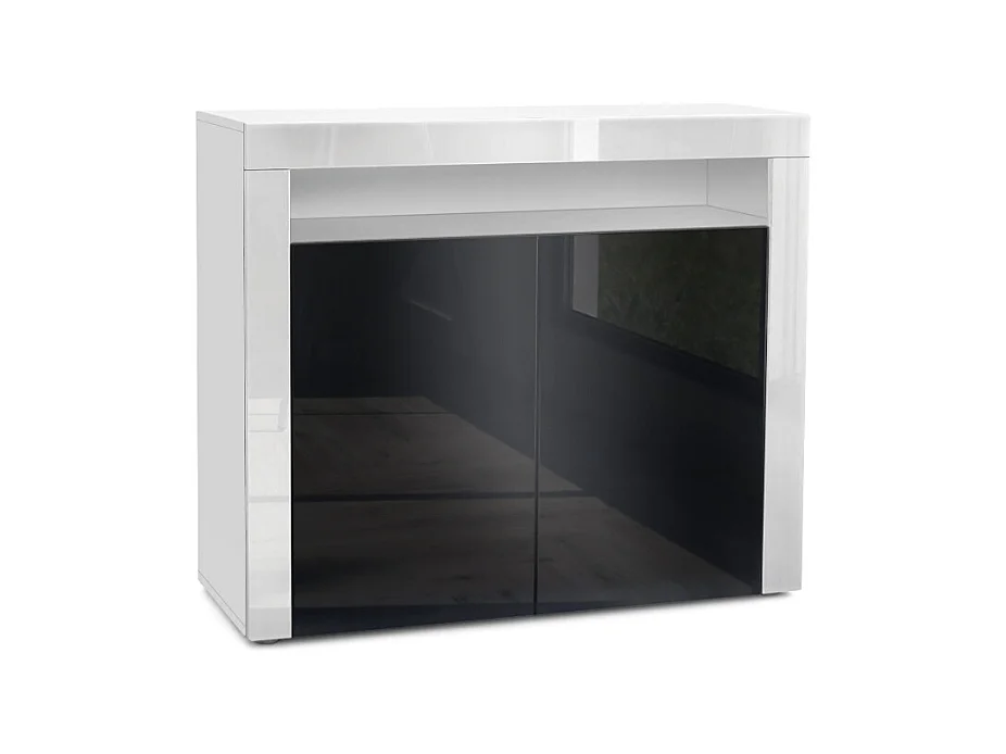 Buffet Valencia, Commode avec 2 portes et 1 compartiment ouvert, Blanc mat/noir haute brillance/blanc haute brillance (108 x 92 x 40 cm)