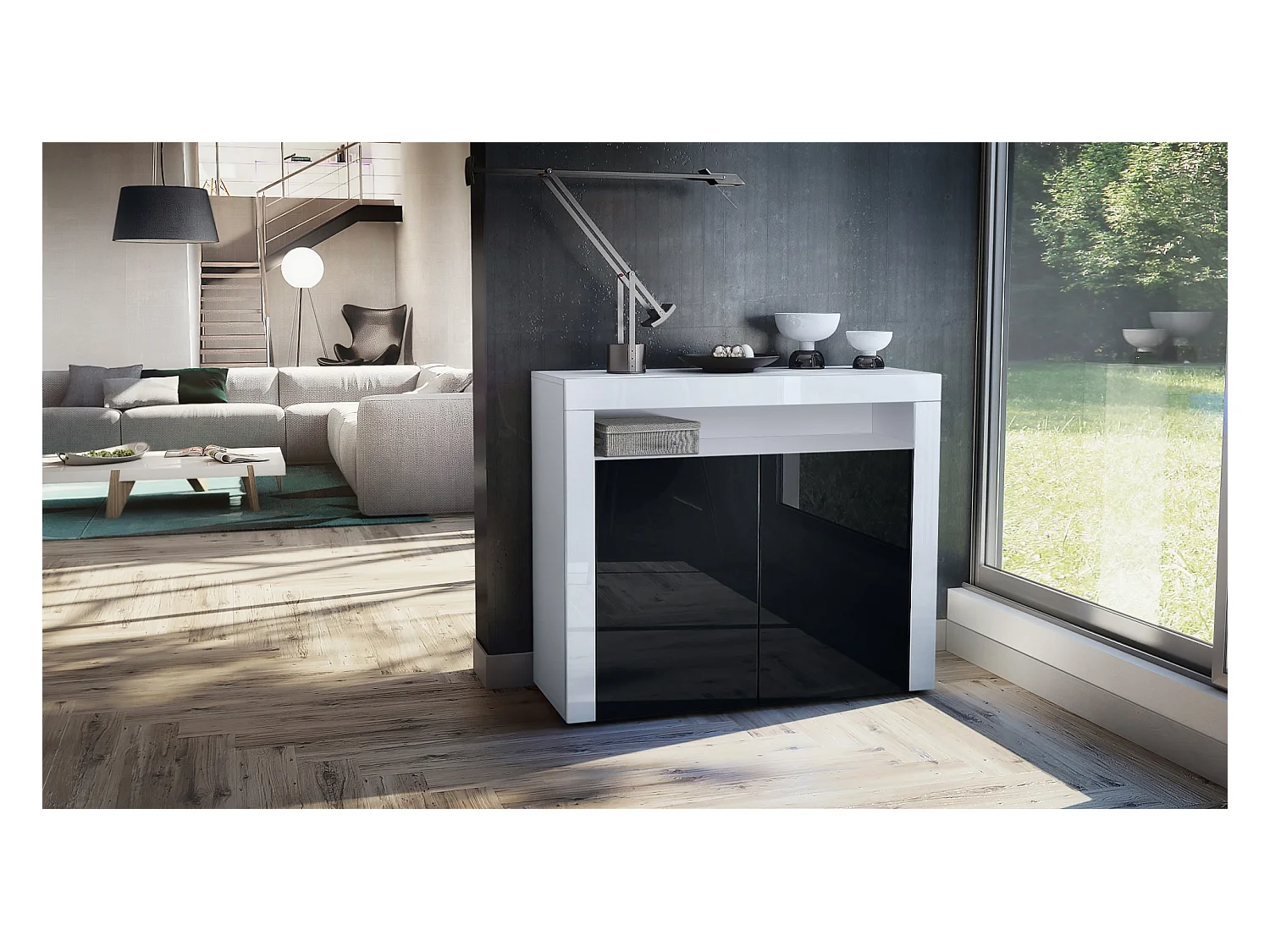 Buffet Valencia, Commode avec 2 portes et 1 compartiment ouvert, Blanc mat/noir haute brillance/blanc haute brillance (108 x 92 x 40 cm)