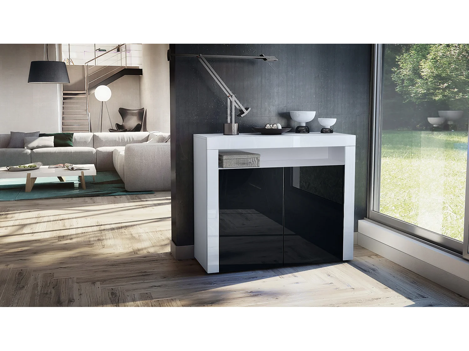 KOMMODE Valencia Schwarz Hochglanz / Weiß Hochglanz