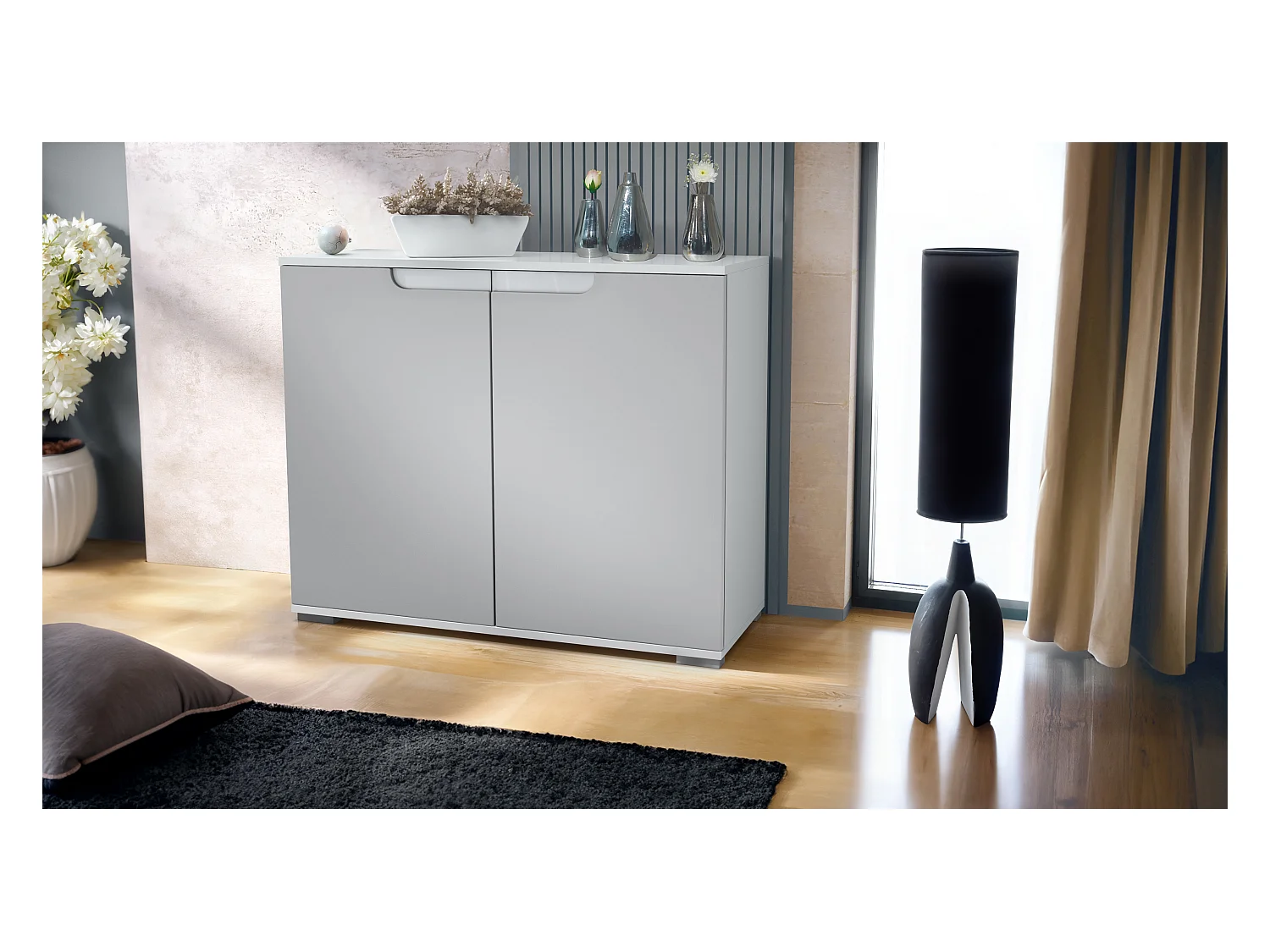 Commode Sylt V3, Buffet de Cuisine Moderne avec 2 Grandes Portes blanc mat / gris clair satiné mat (92,5 x 75.5 x 35)