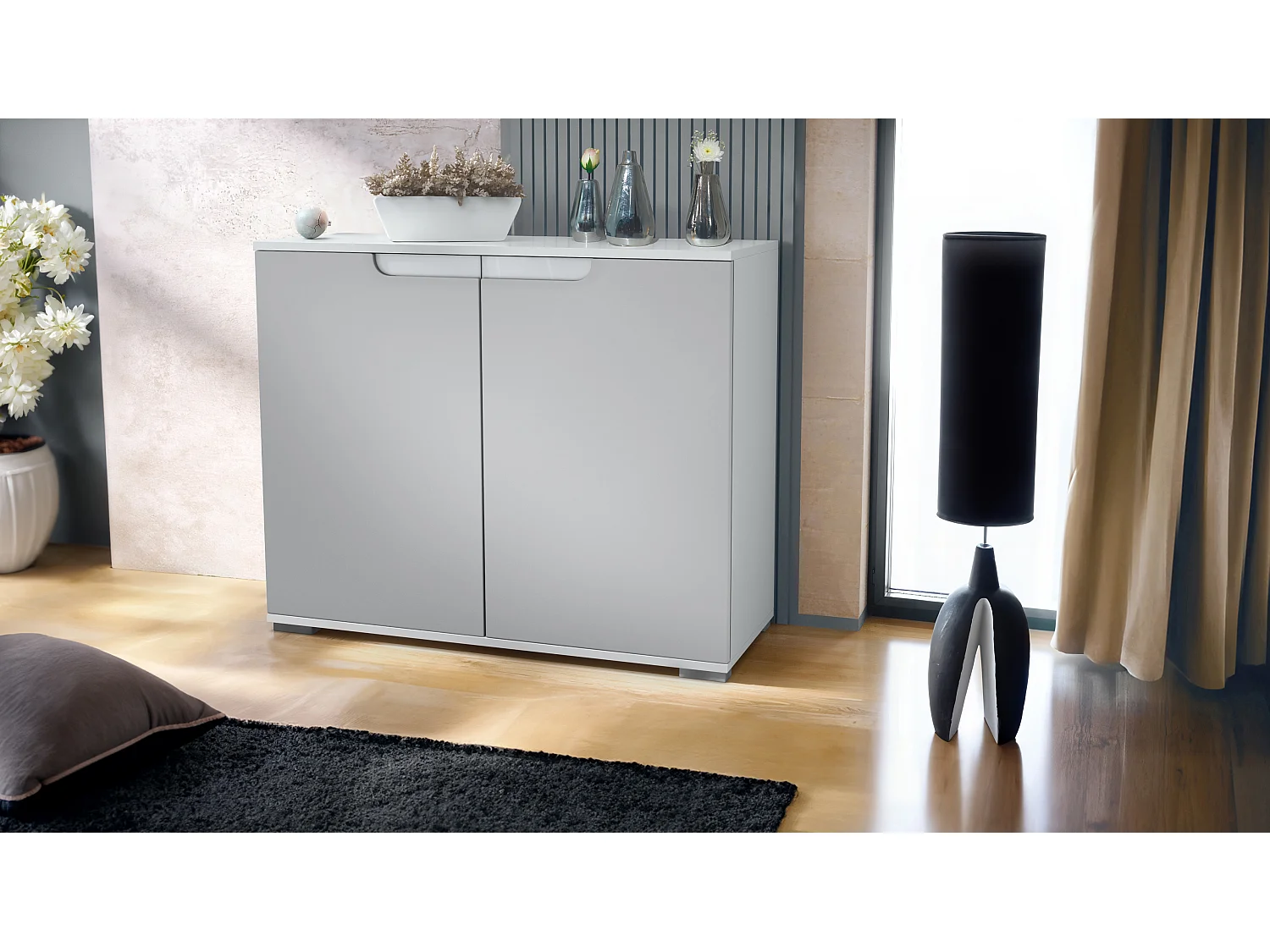 Aparador Sylt V3, Armario de Cocina Moderno con 2 Puertas Grandes blanco mate / gris claro satinado (92,5 x 75.5 x 35)