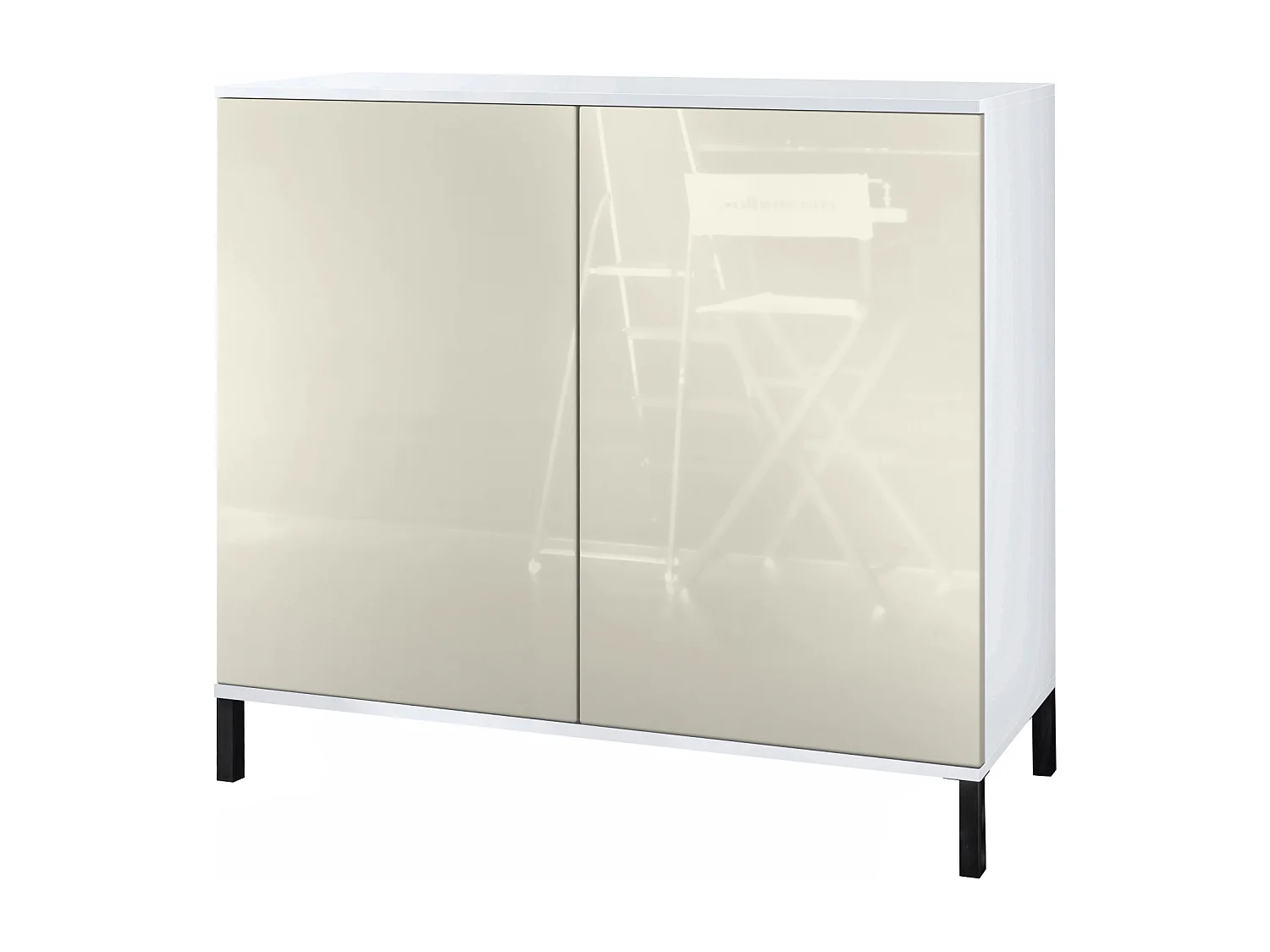 Commode Skadu V3, Buffet de Cuisine Moderne avec 2 Grandes Portes blanc mat / crème haute brillance (92,5 x 83.5 x 35)