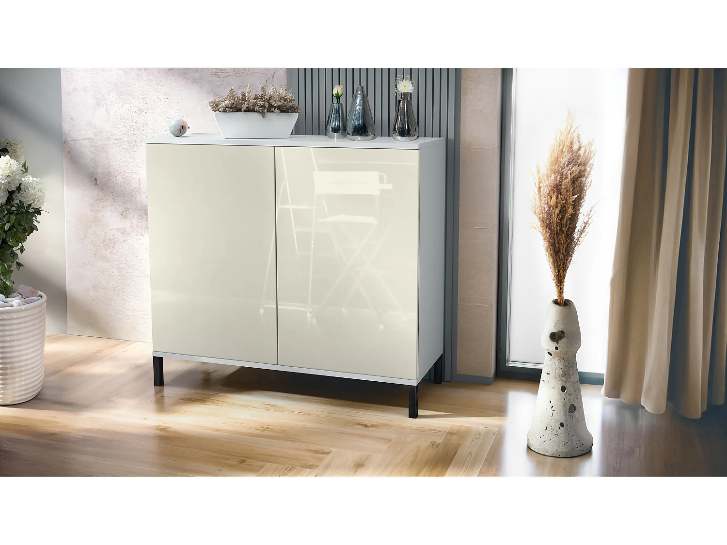 Commode Skadu V3, Buffet de Cuisine Moderne avec 2 Grandes Portes blanc mat / crème haute brillance (92,5 x 83.5 x 35)