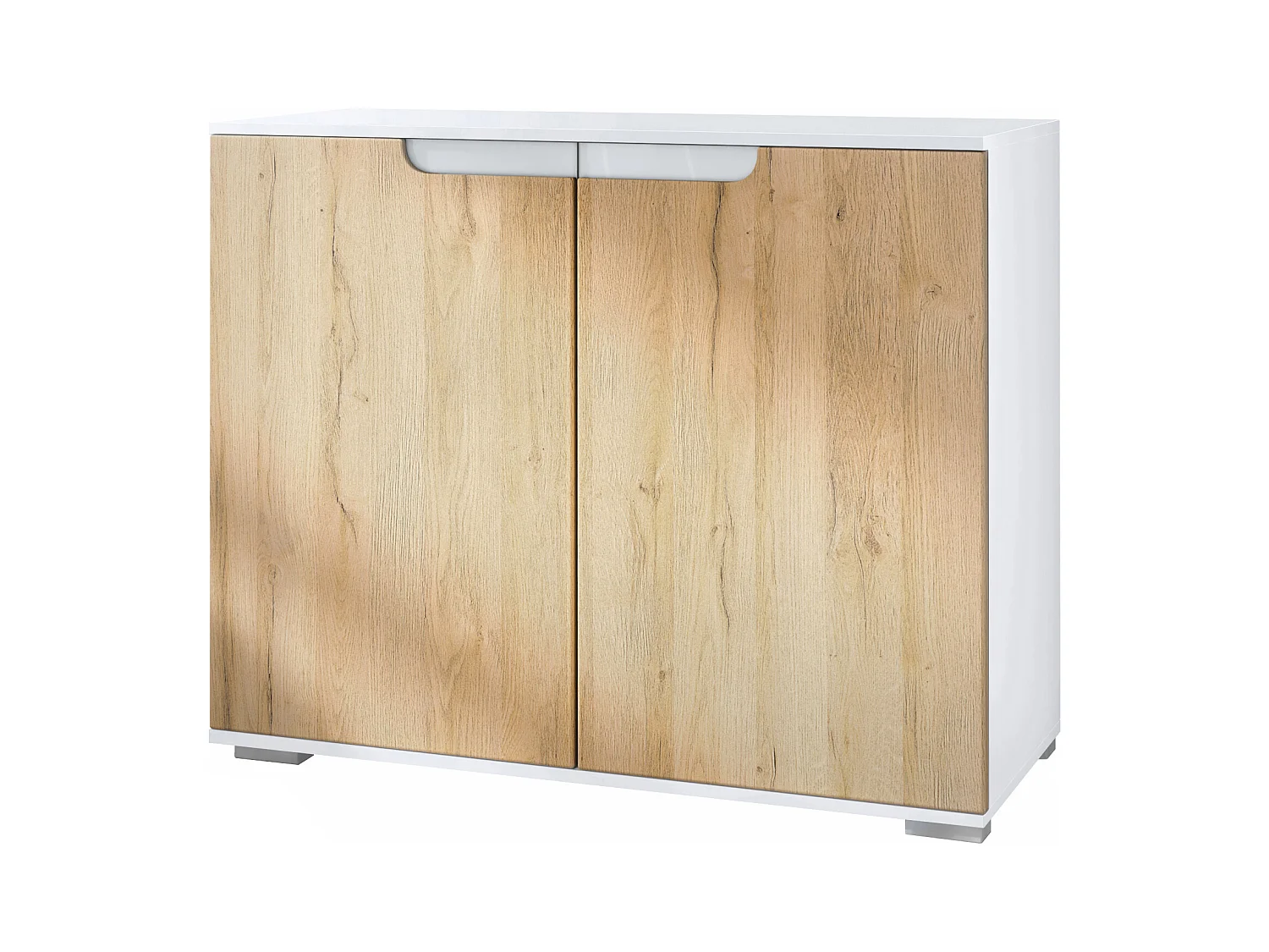 Aparador Sylt V3, Armario de Cocina Moderno con 2 Puertas Grandes blanco mate / roble natural (92,5 x 75.5 x 35)