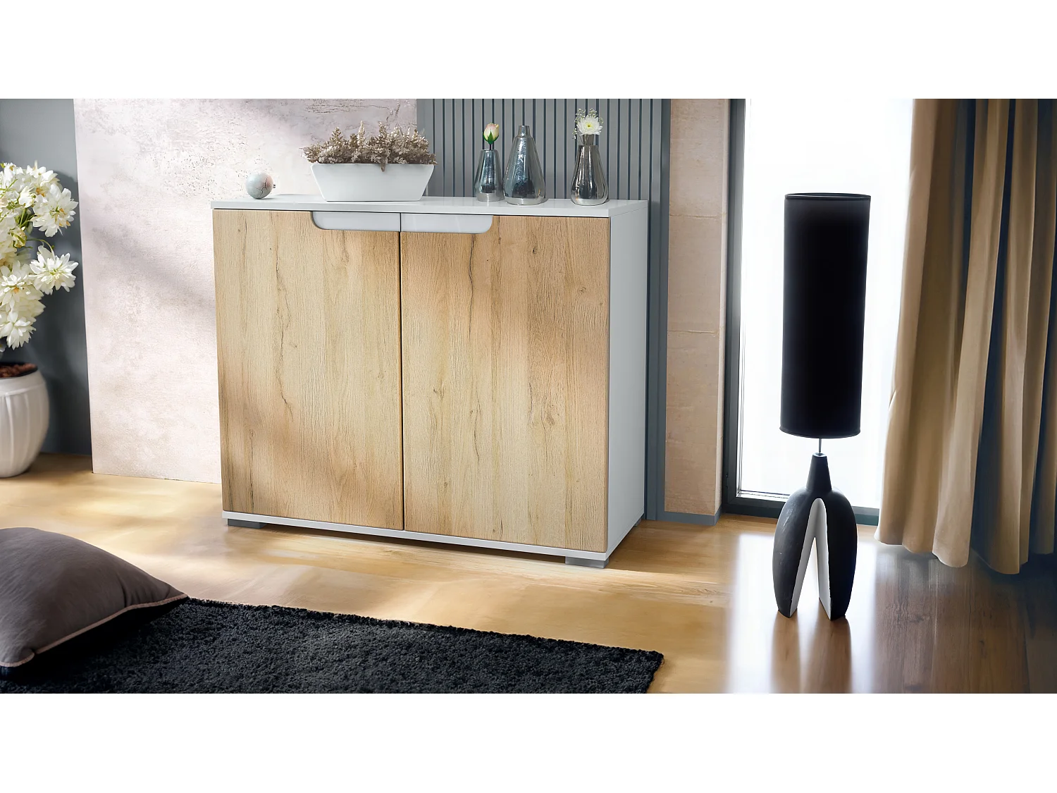 Aparador Sylt V3, Armario de Cocina Moderno con 2 Puertas Grandes blanco mate / roble natural (92,5 x 75.5 x 35)