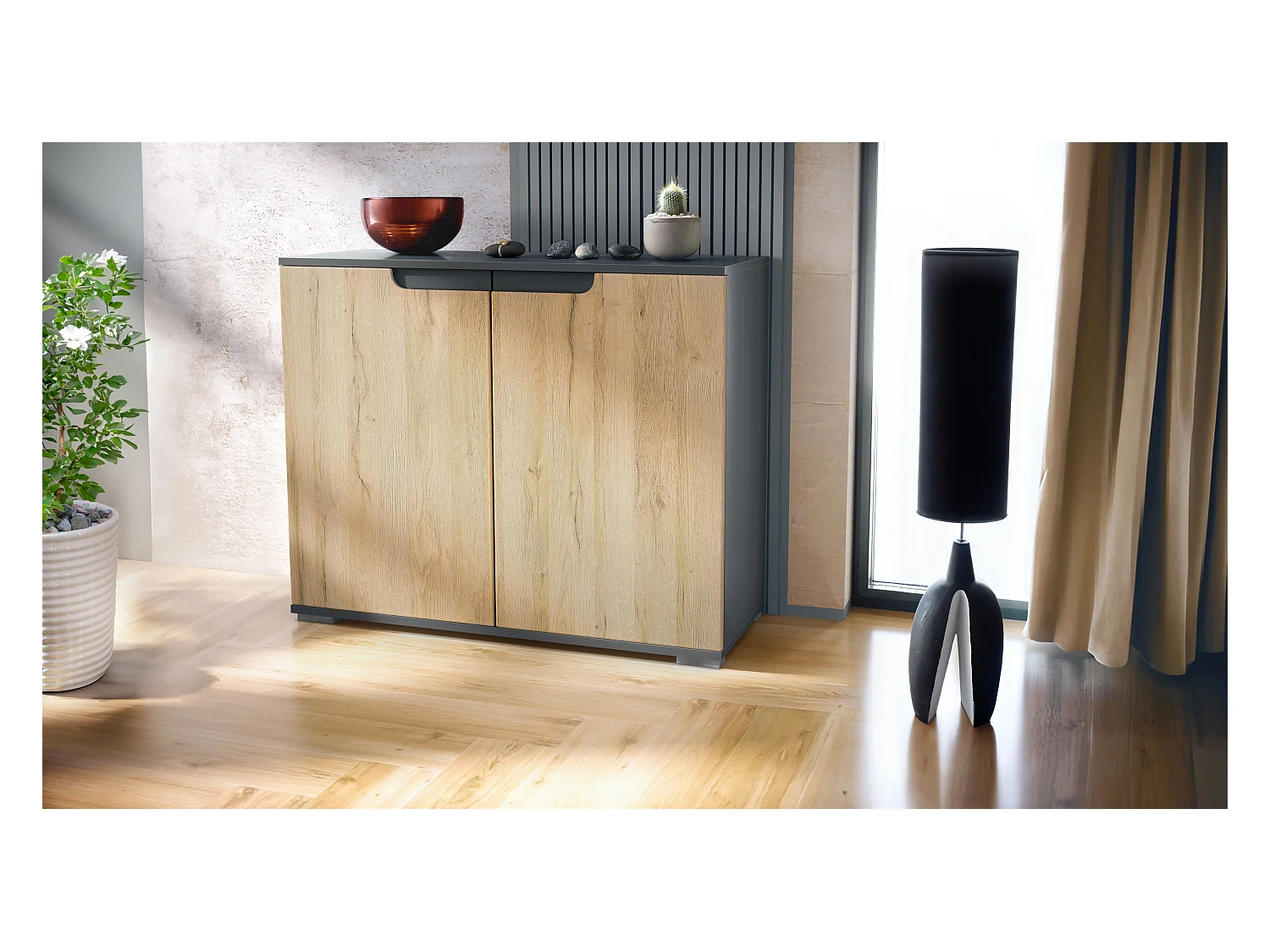 Commode Sylt V3, Buffet de Cuisine Moderne avec 2 Grandes Portes anthracite mat / chêne nature (92,5 x 75.5 x 35)