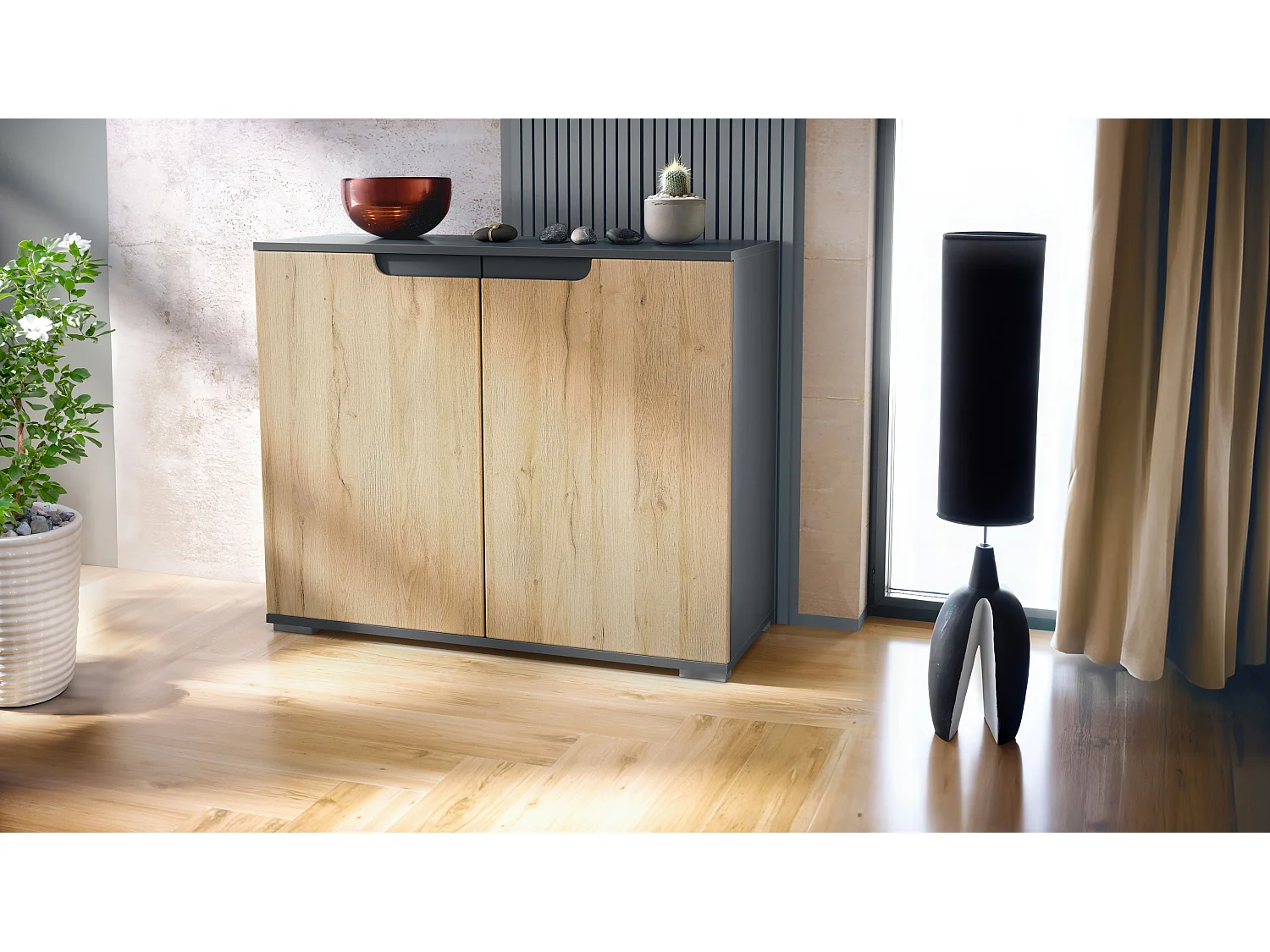 Commode Sylt V3, Buffet de Cuisine Moderne avec 2 Grandes Portes anthracite mat / chêne nature (92,5 x 75.5 x 35)