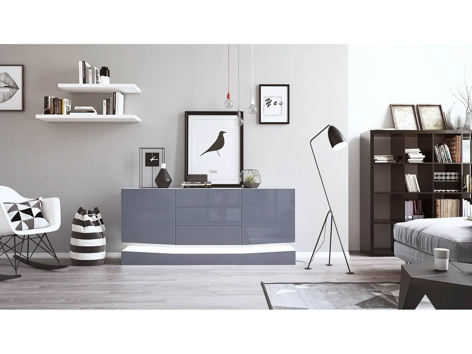 Sideboard City, blanc mat/gris haute brillance y compris LED - Commode moderne pour votre salon (178 x 72 x 38 cm)