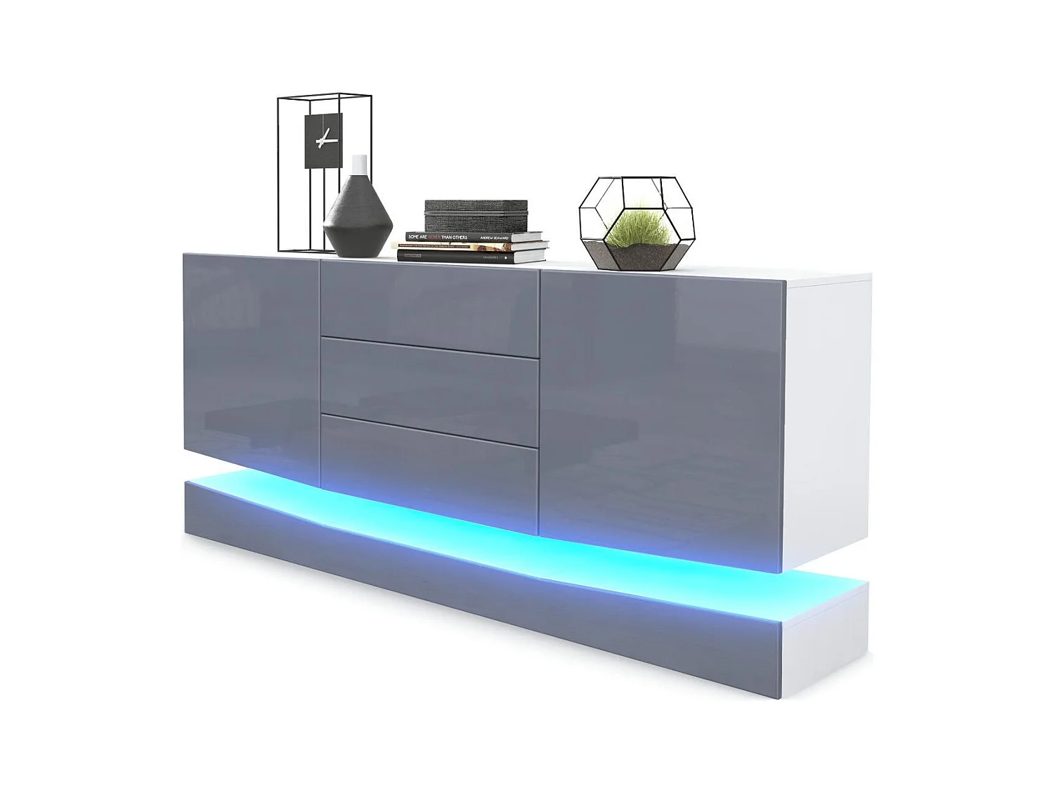 Sideboard City, blanc mat/gris haute brillance y compris LED - Commode moderne pour votre salon (178 x 72 x 38 cm)