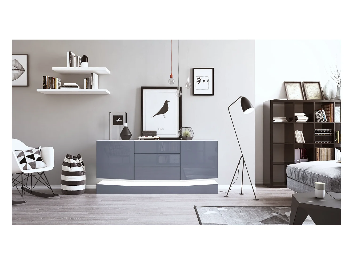 Sideboard City, blanc mat/gris haute brillance y compris LED - Commode moderne pour votre salon (178 x 72 x 38 cm)