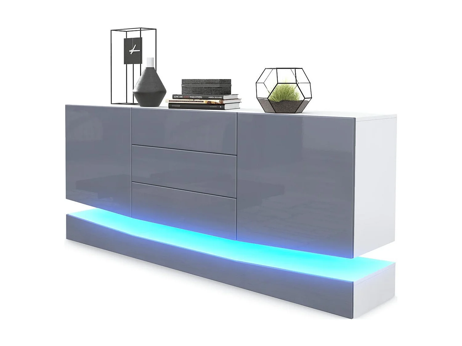 Vladon Sideboard City, bianco opaco/grigio lucido incl. LED - Cassettiera moderna per la zona giorno (178 x 72 x 38 cm)