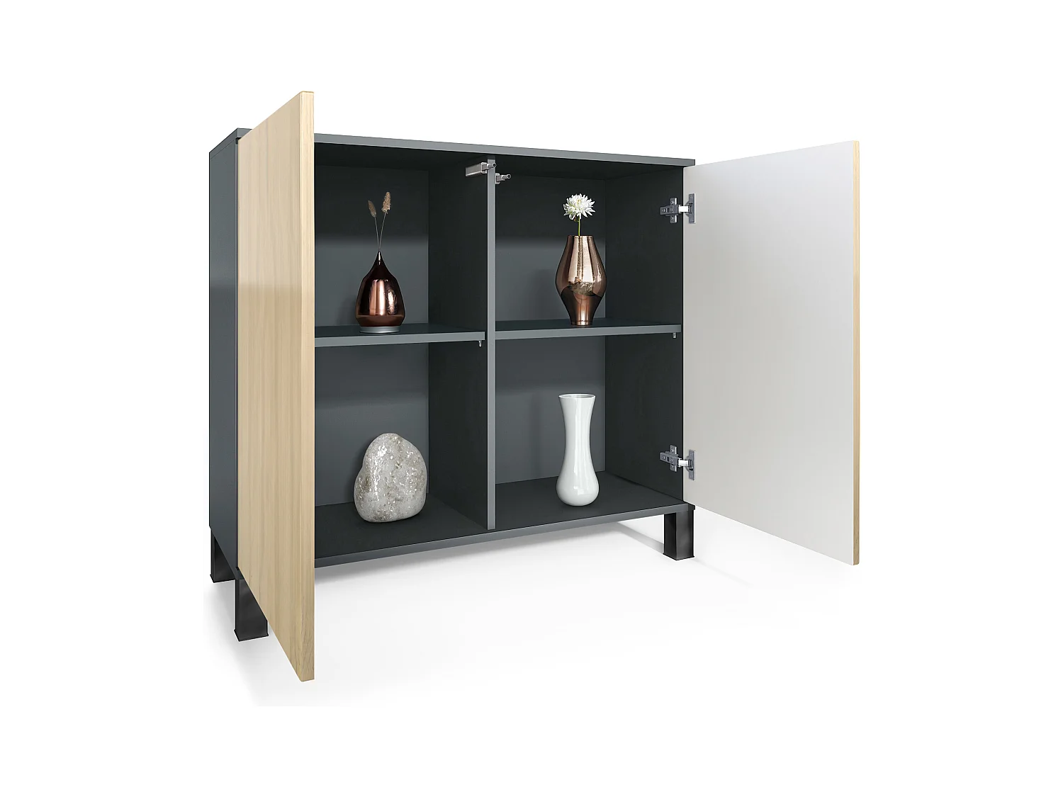 Commode Skadu V3, Buffet de Cuisine Moderne avec 2 Grandes Portes anthracite mat / gris sable haute brillance (92,5 x 84.5 x 35)