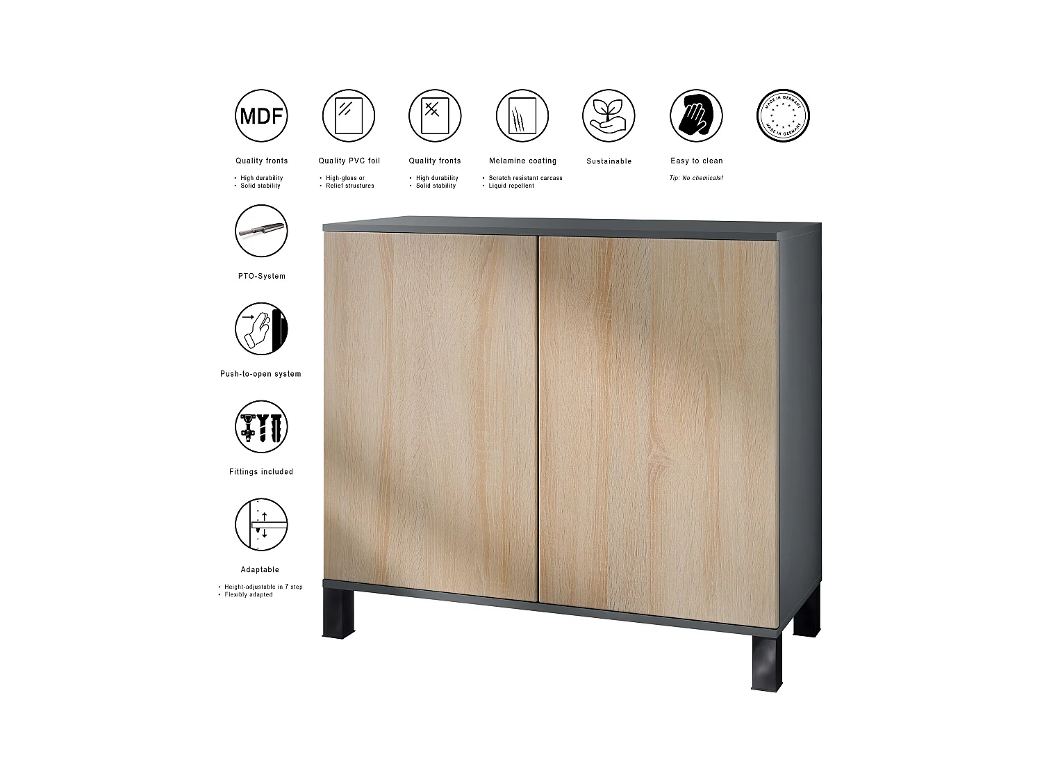 Commode Skadu V3, Buffet de Cuisine Moderne avec 2 Grandes Portes anthracite mat / gris sable haute brillance (92,5 x 84.5 x 35)