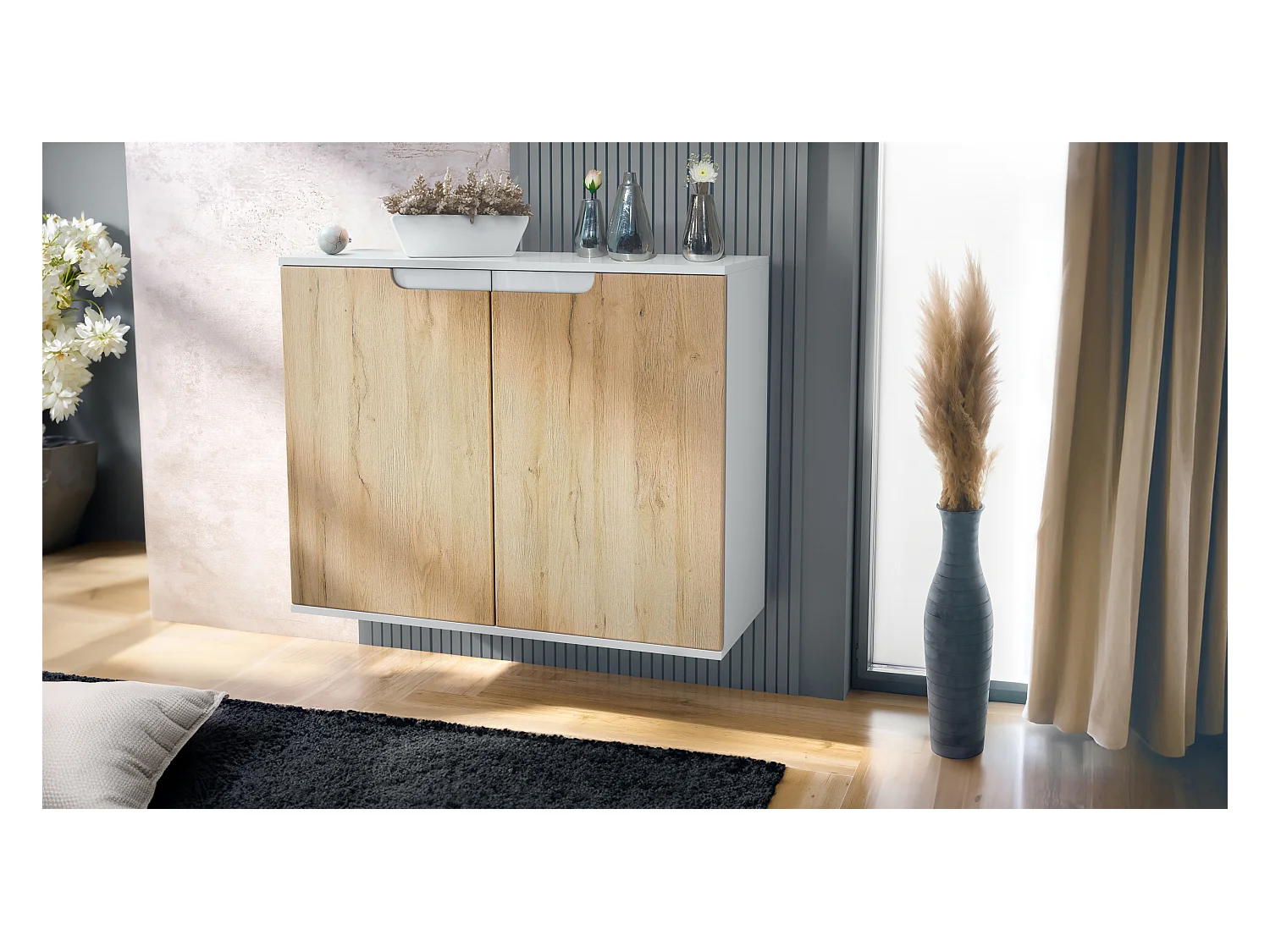 Commode Sylt V3, Buffet de Cuisine Moderne avec 2 Grandes Portes blanc mat / chêne nature (92,5 x 73.5 x 35)