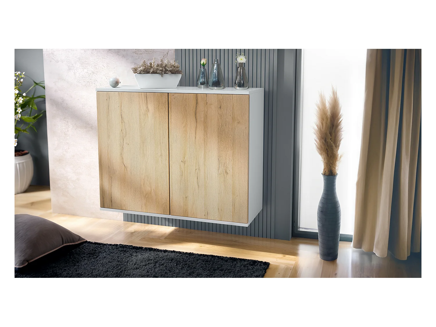 Aparador Skadu V3, Armario de Cocina Moderno con 2 Puertas Grandes blanco mate / roble natural (92,5 x 73.5 x 35)