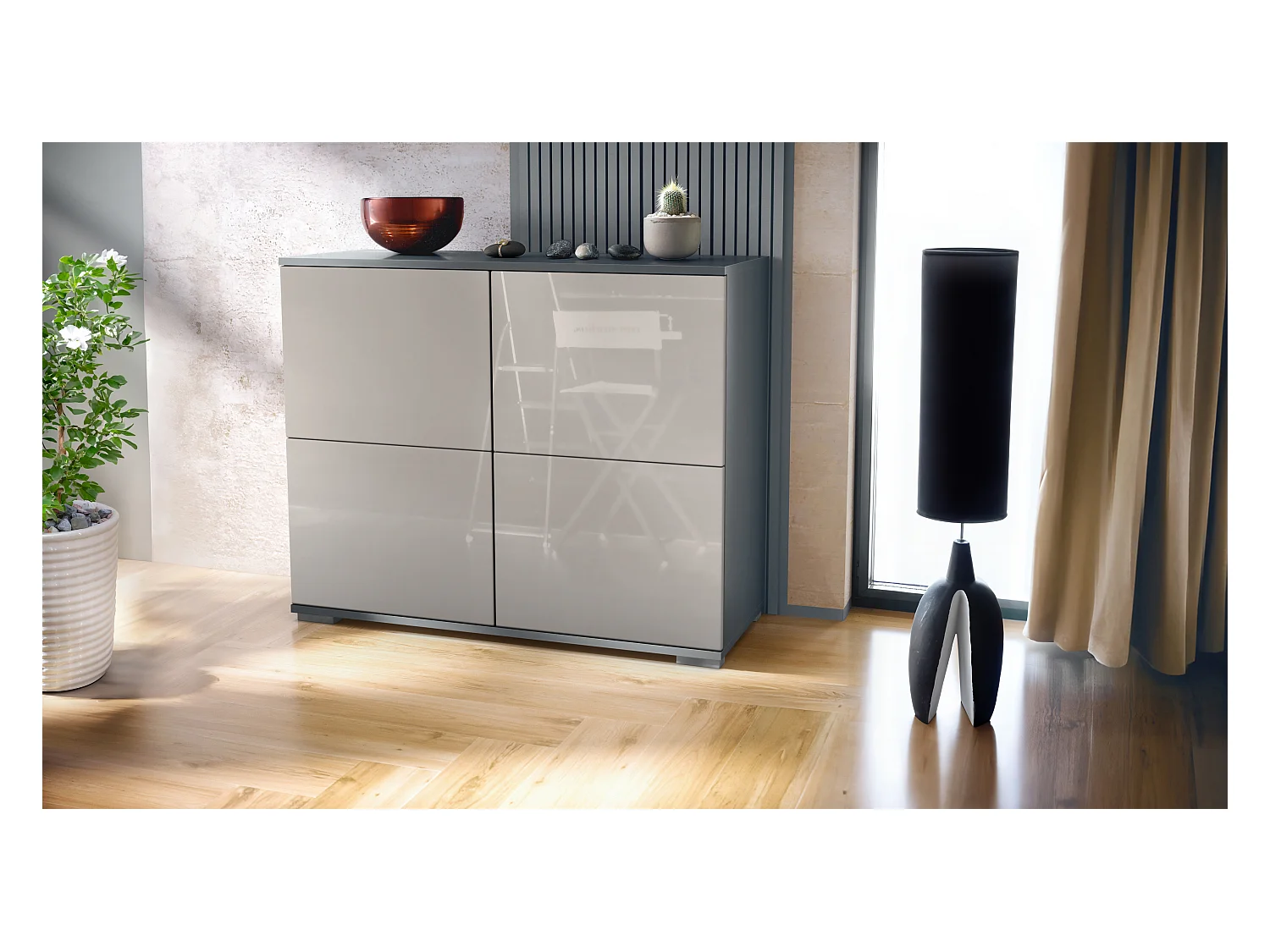 Buffet Rova V3 – Meuble de cuisine moderne avec 4 portes Push-to-Open anthracite mat / gris sable haute brillance (92,5 x 75.5 x 35)