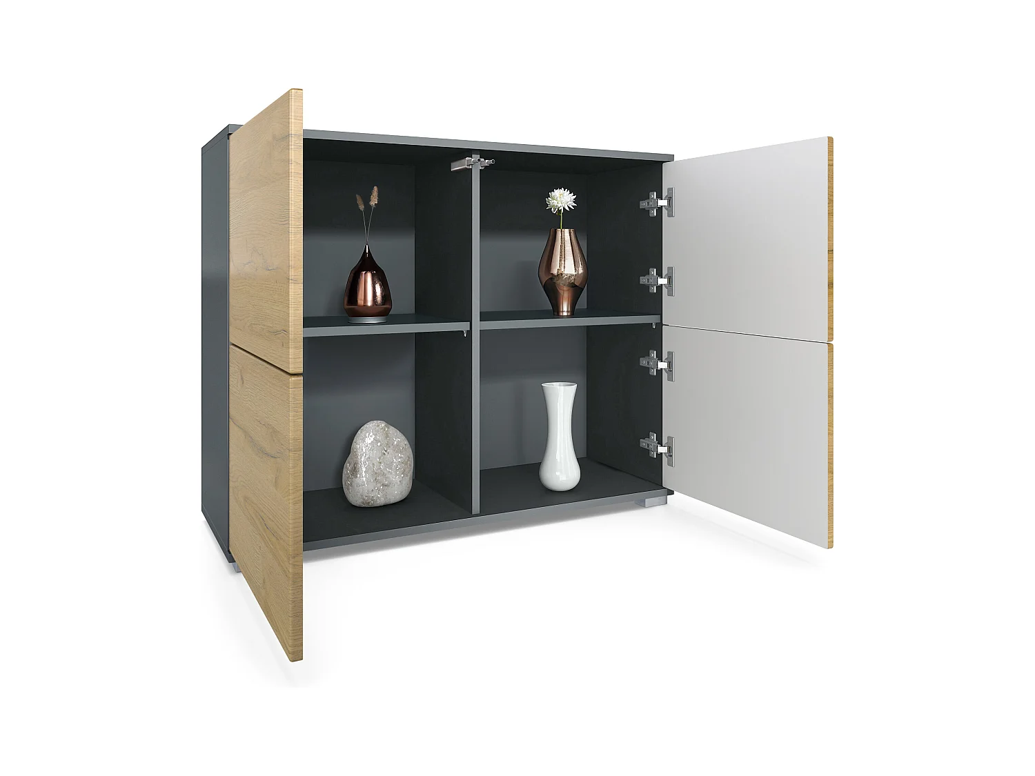 Buffet Rova V3 – Meuble de cuisine moderne avec 4 portes Push-to-Open anthracite mat / gris sable haute brillance (92,5 x 75.5 x 35)